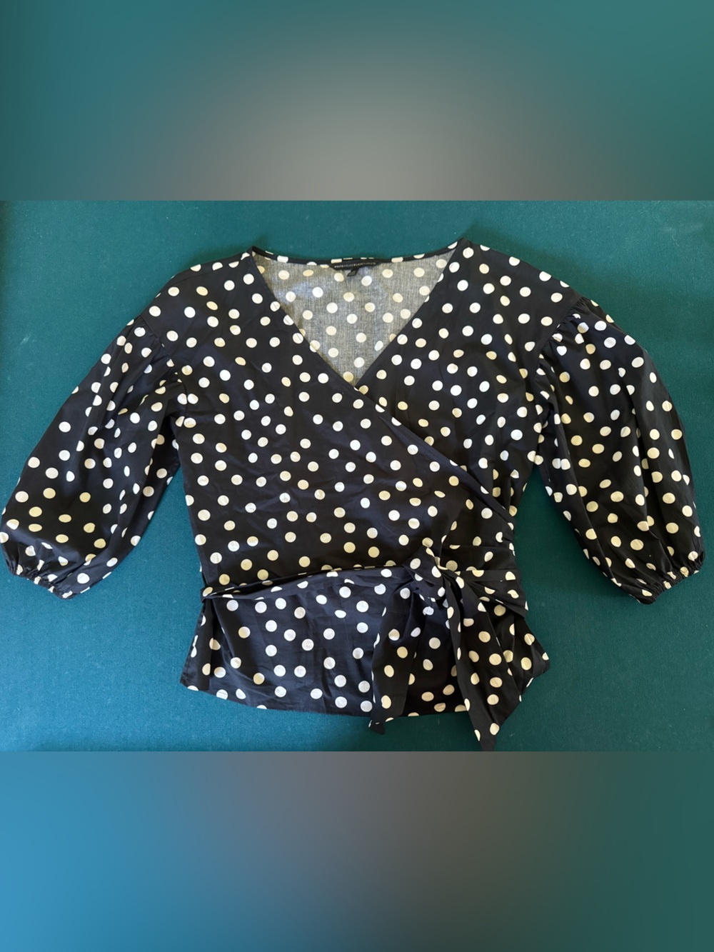 White House Black Market Black & Cream Polka Dot Puff Sleeve Wrap Blouse Sz L - Picture 12 of 12